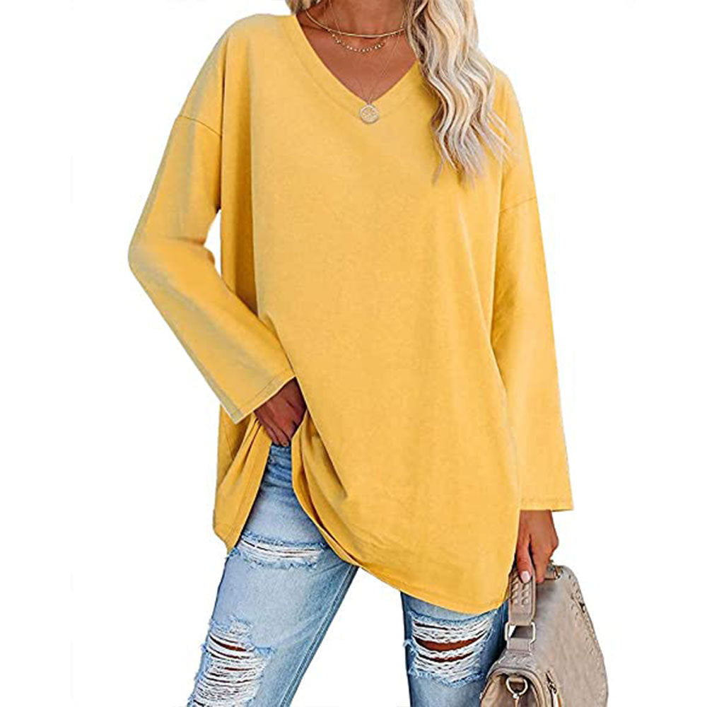 Women Casual Solid Color V-Neck Long Sleeve Blank T-Shirt