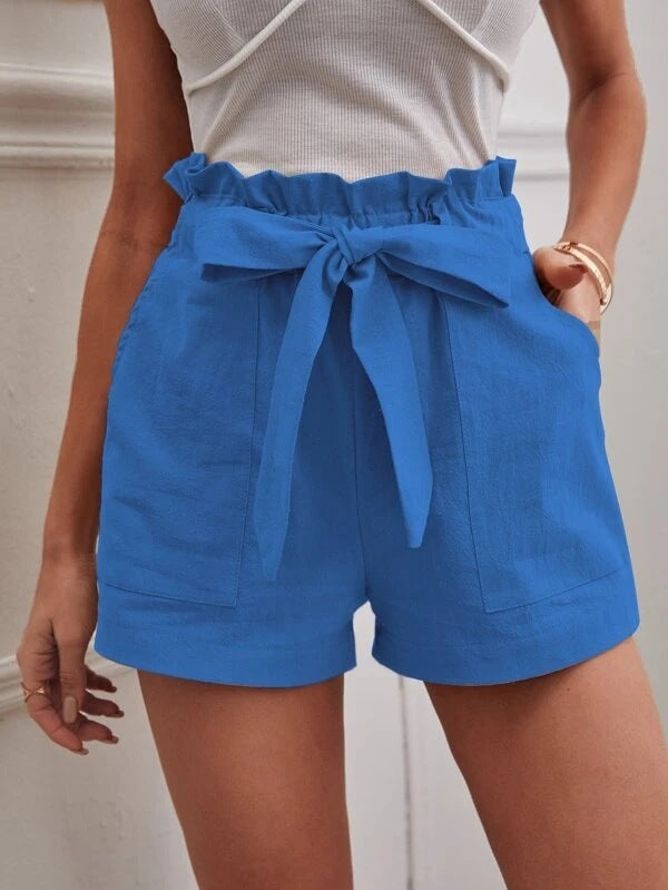 Pantalones cortos casuales de lino sueltos de cintura alta para mujer