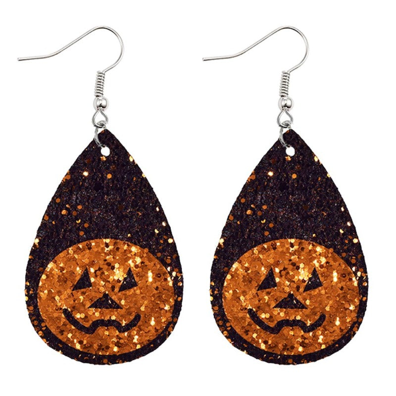 Halloween Women Horror Funny Pumpkin Ghost Bat PU Earrings