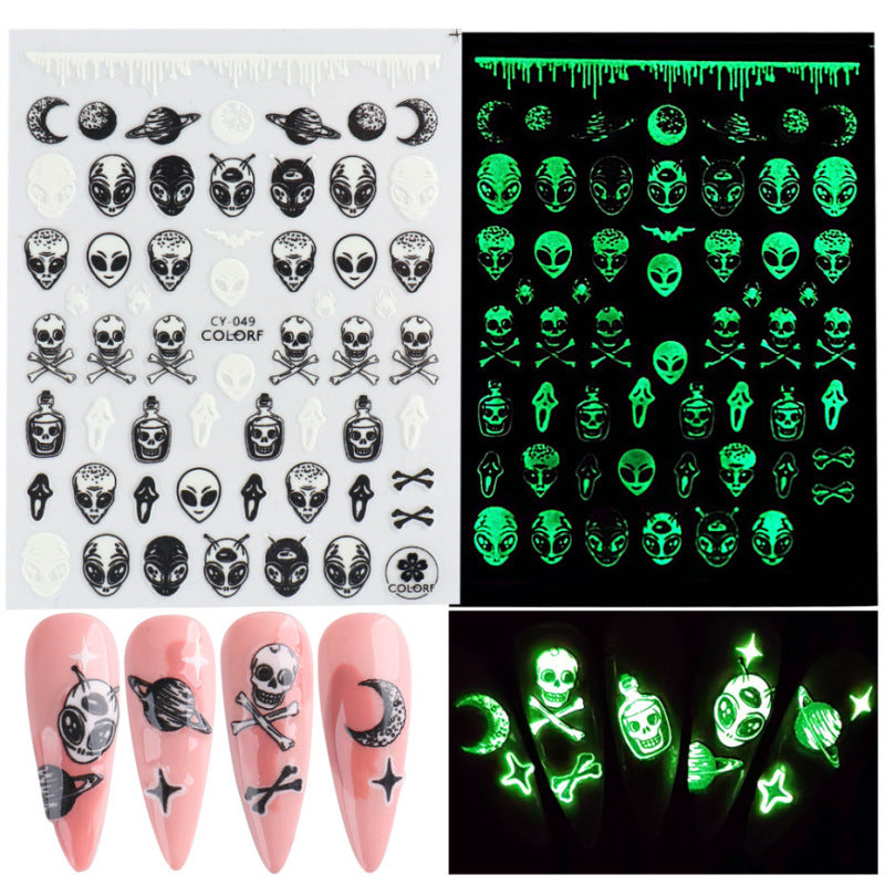 Autocollants pour ongles Halloween, squelette drôle, petit monstre 3D lumineux