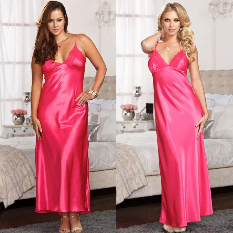 Women Sexy Silk Lace Camisole Backless Long Pajamas