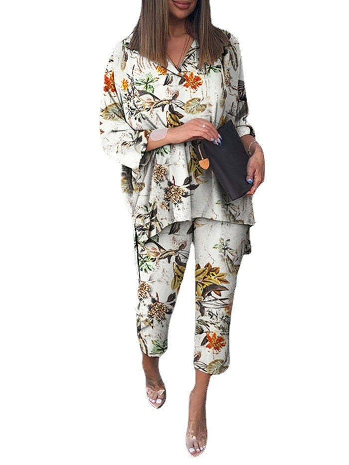 Plus Size Women Cotton Linen Print Two Pieces Set