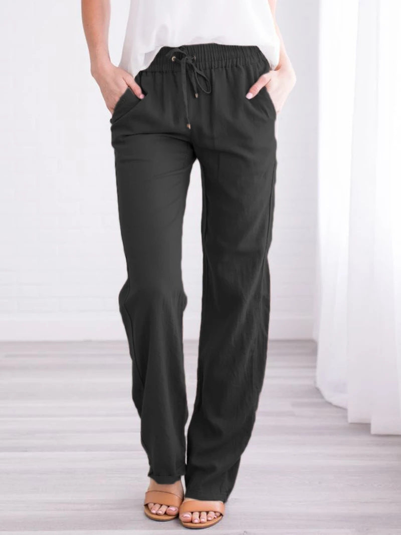 Women Casual Solid Color Cotton Linen Drawstring Pants
