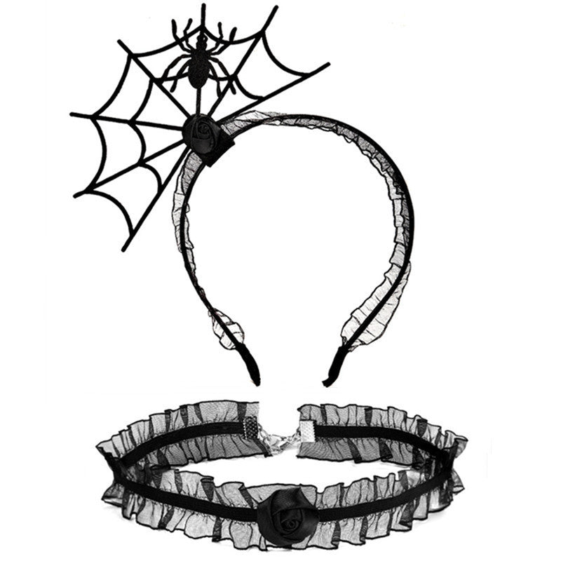 Ensemble de bijoux ras du cou en dentelle avec bandeau en toile d'araignée noire pour femme, idéal pour Halloween