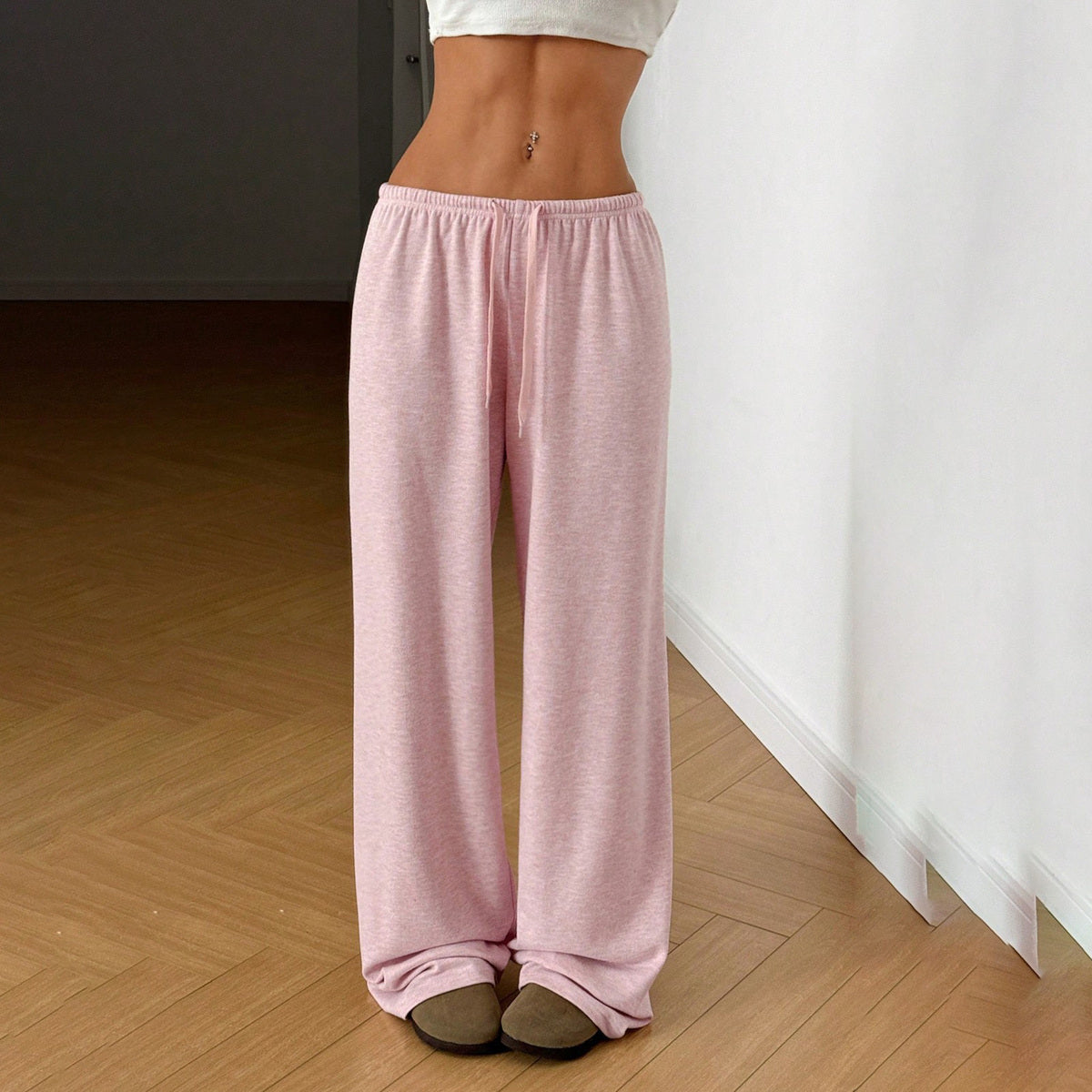 Pantalones casuales de pierna ancha con cordones de color liso para mujer - Estilo cómodo de poliéster