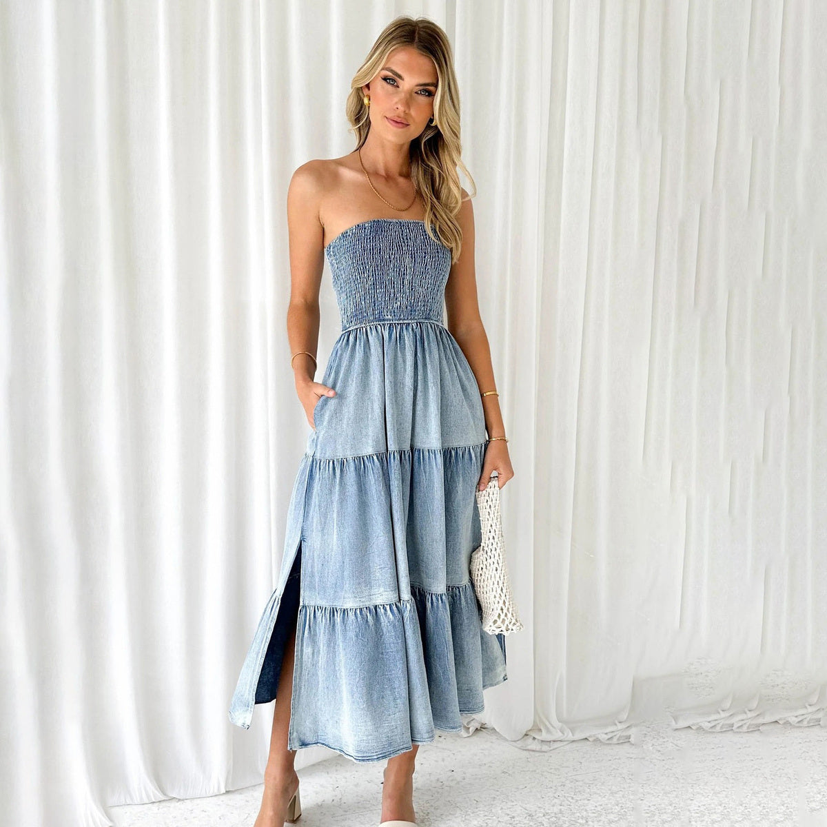 Vestido vaquero sexy con top de tubo y costuras plisadas a la moda para mujer