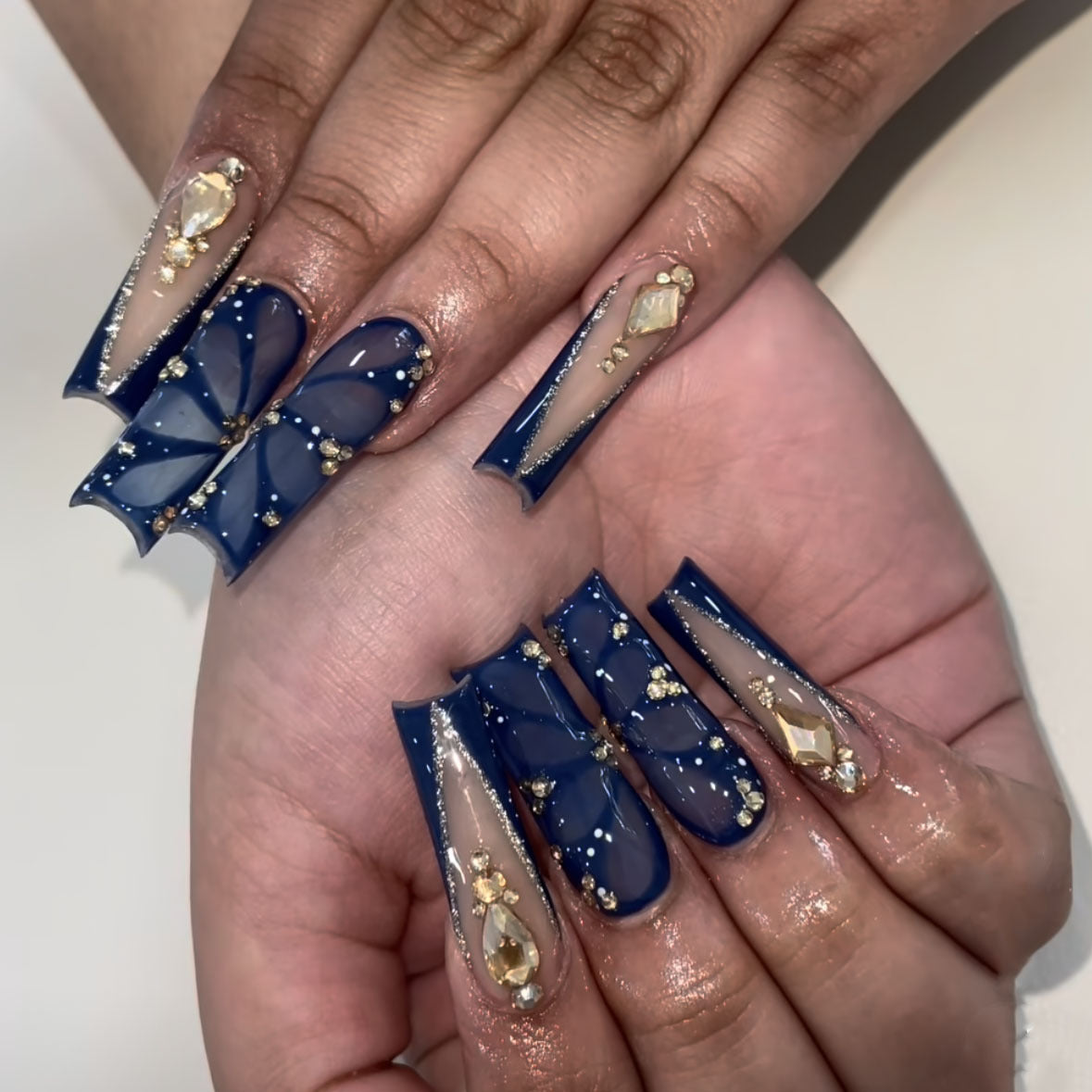 Uñas postizas largas con purpurina y diamantes de imitación para mujer