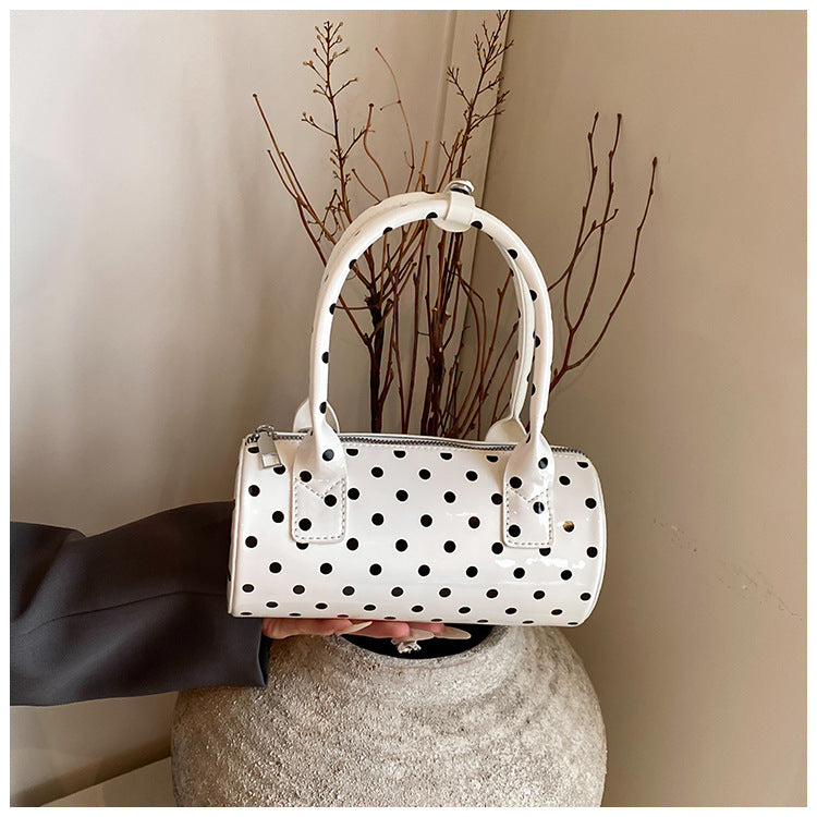 Bolso de mano cilíndrico con estampado de lunares para mujer, bolso de cubo de PU