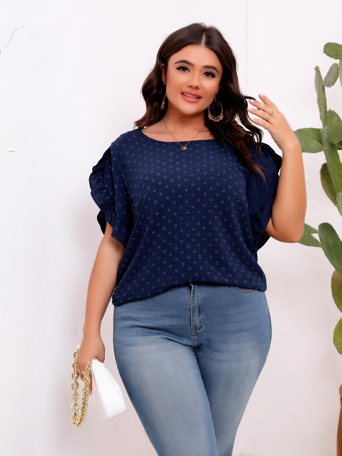 Blusa informal de cuello redondo con bola de lana de talla grande para mujer