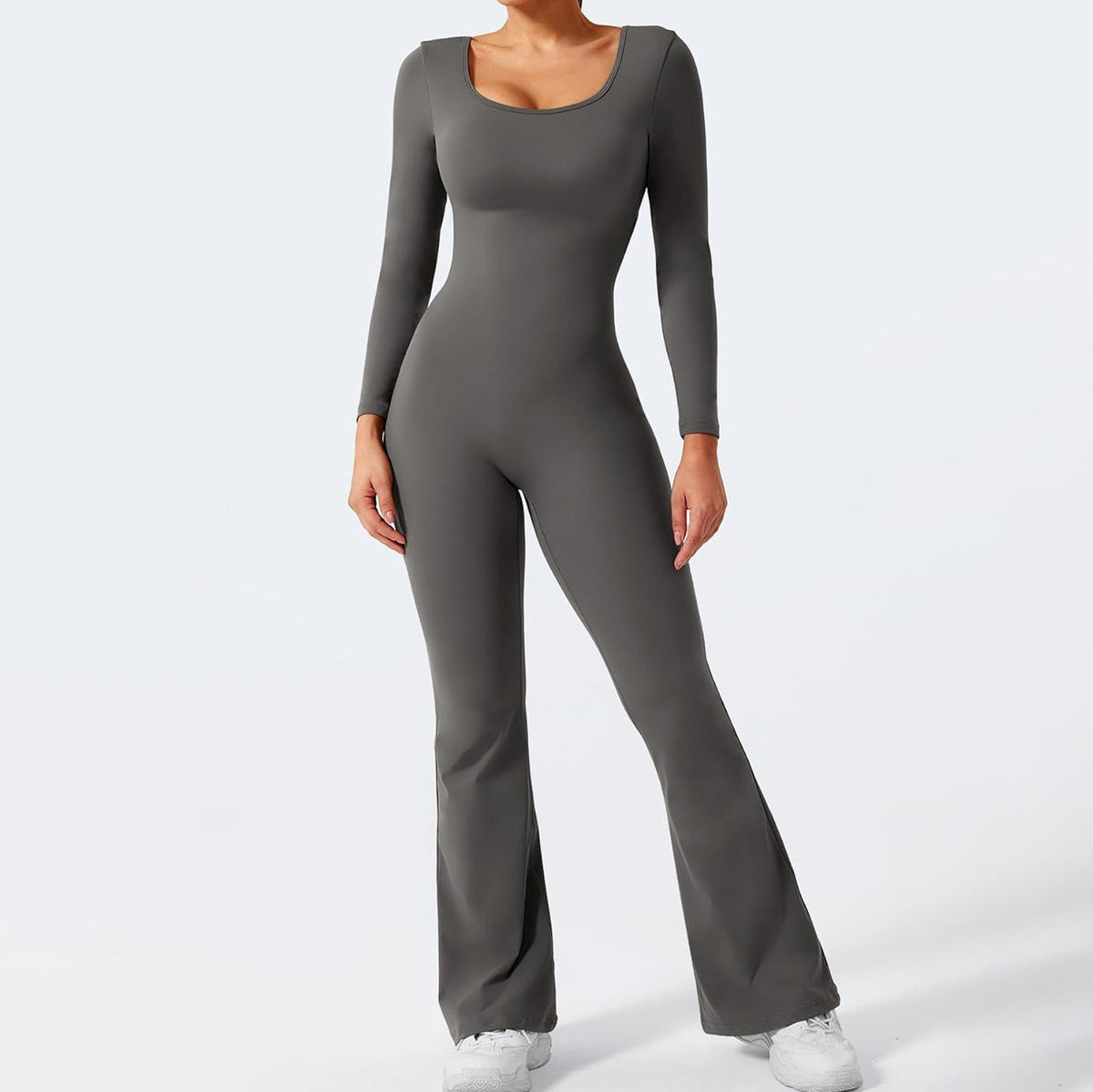 Women Fashion Casual Solid Color Square Neck Long-Sleeve Backless Jumpsuits
