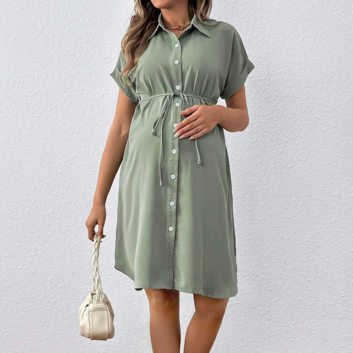 Casual Solid Color Lapel Dress for Pregnant Women