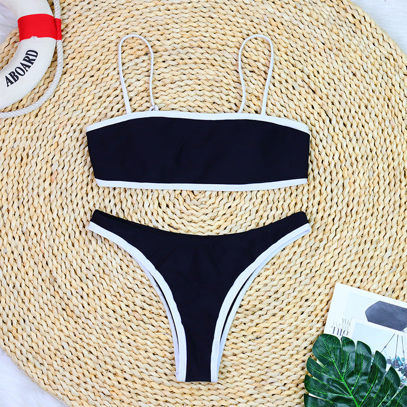 Traje de baño bikini sexy sencillo con bloques de color blanco y negro para mujer