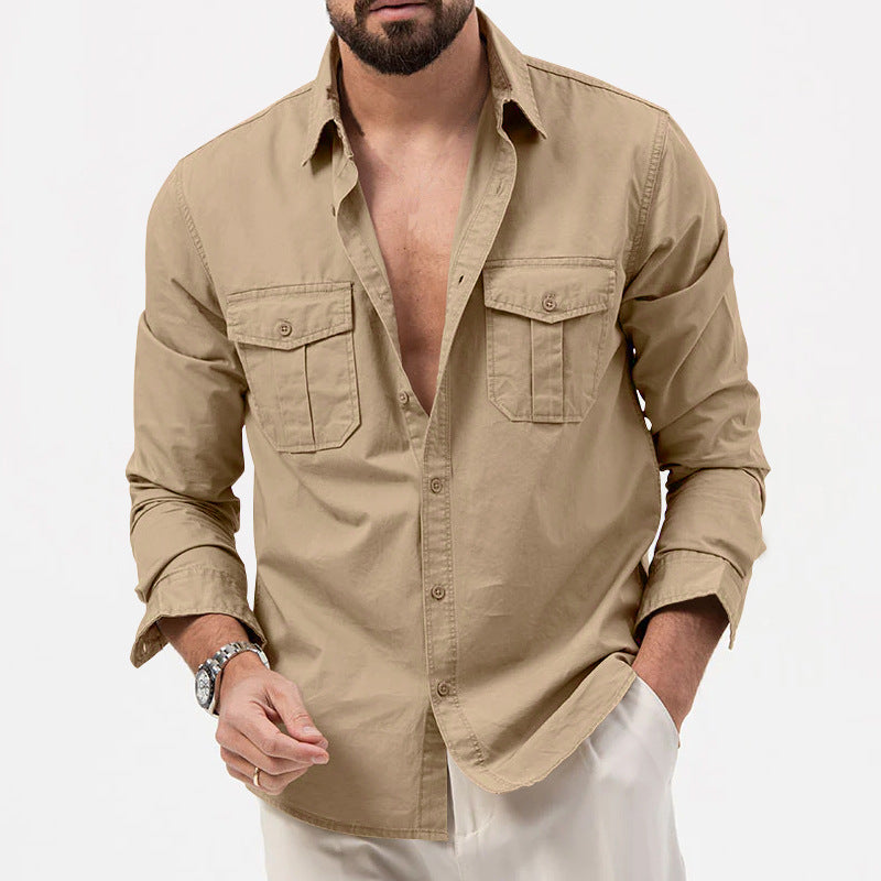 Men's Fashion Casual Solid Color Long Sleeve Lapel Shirt