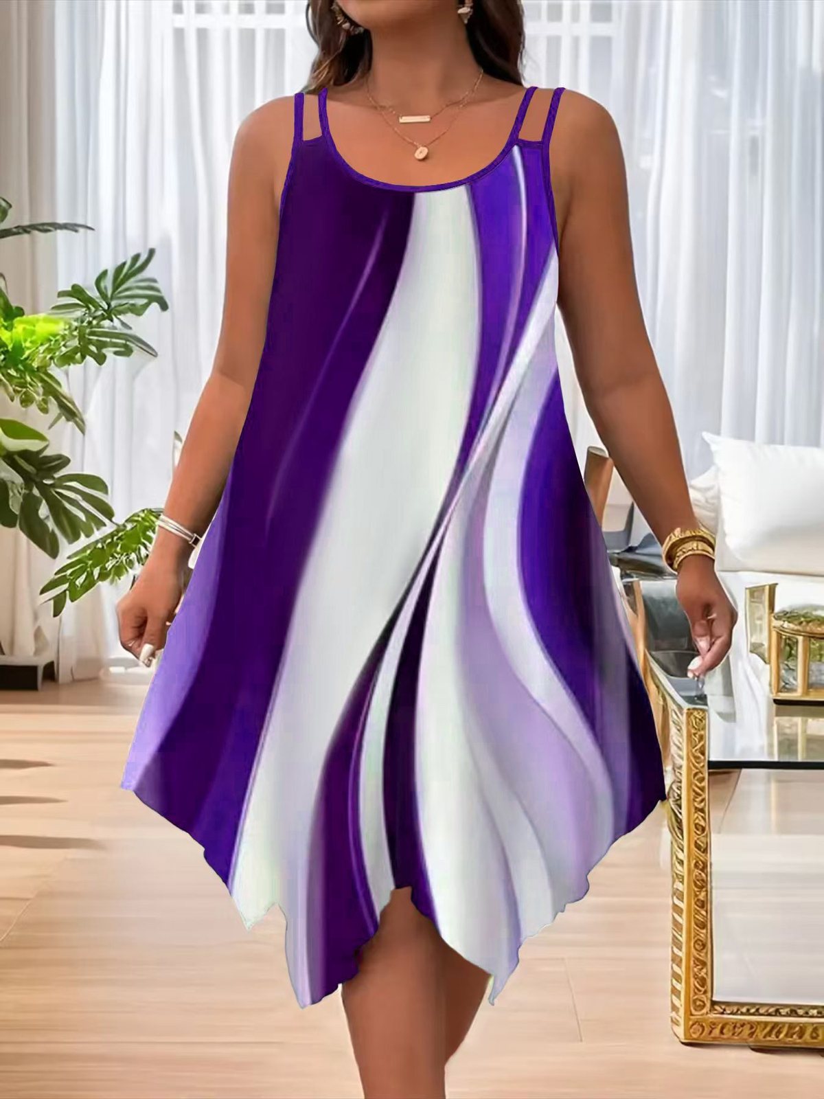 Vestido informal de talla grande con cuello redondo, sin mangas y dobladillo asimétrico para mujer