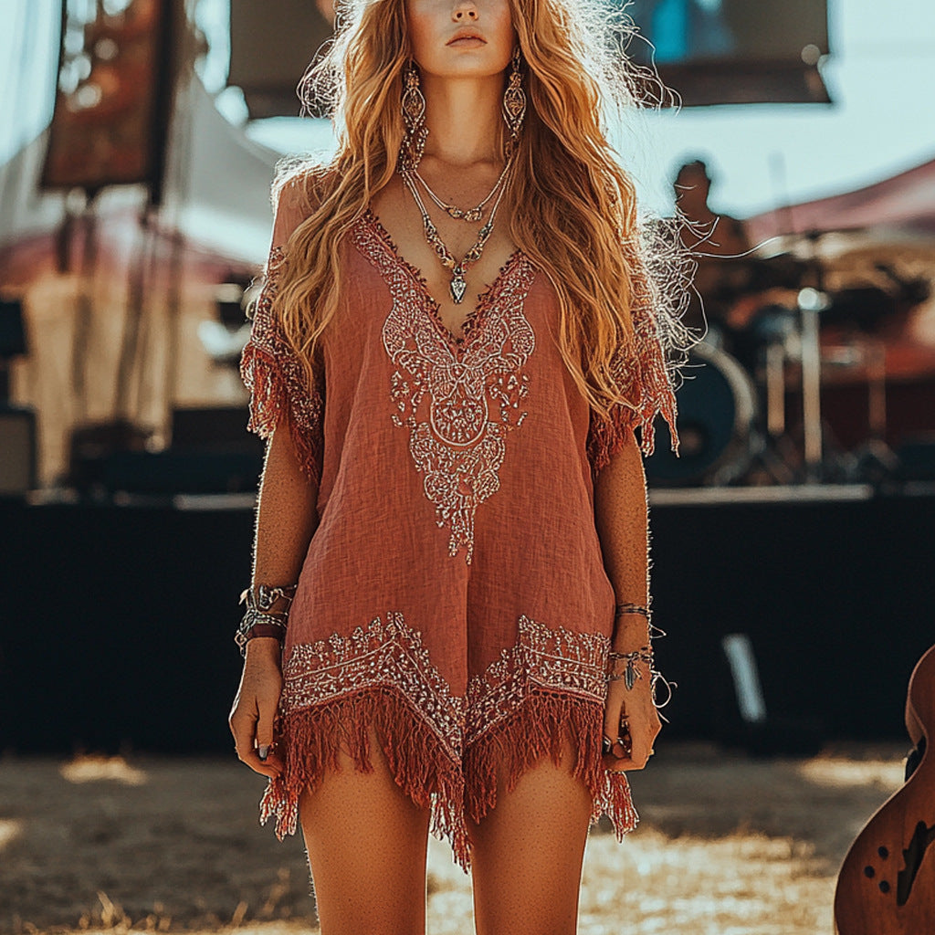 Vestido bohemio de manga corta con cuello en V y estampado para mujer