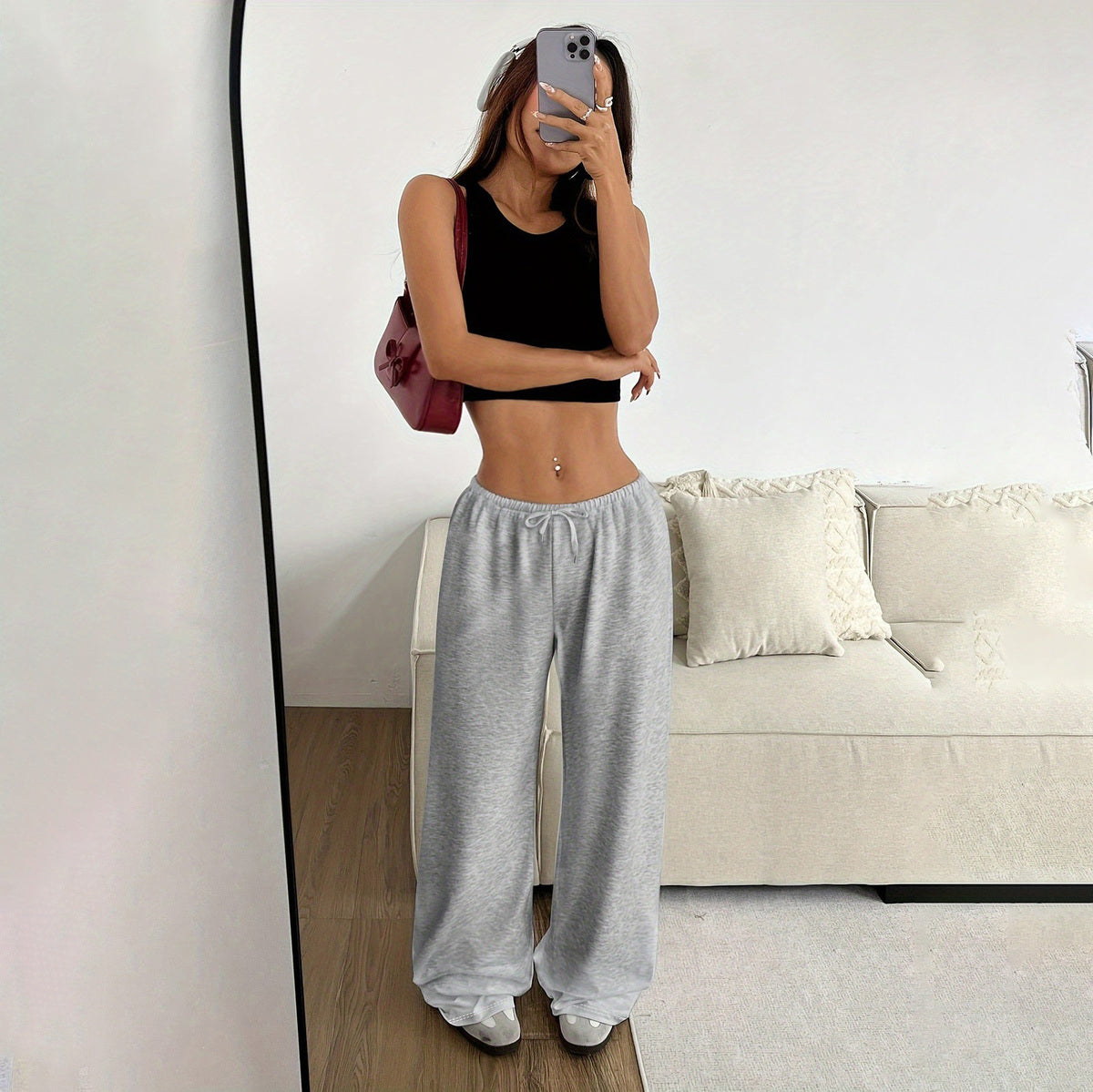 Pantalones casuales sencillos de color sólido con cordones y pierna ancha para mujer
