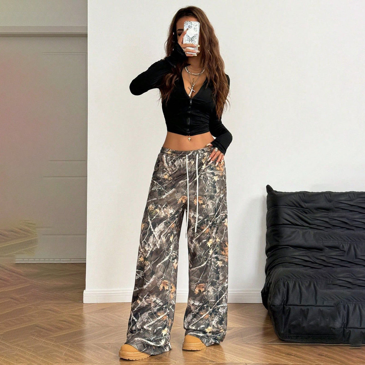 Pantalon large décontracté en coton et élasthanne pour femme, motif camouflage