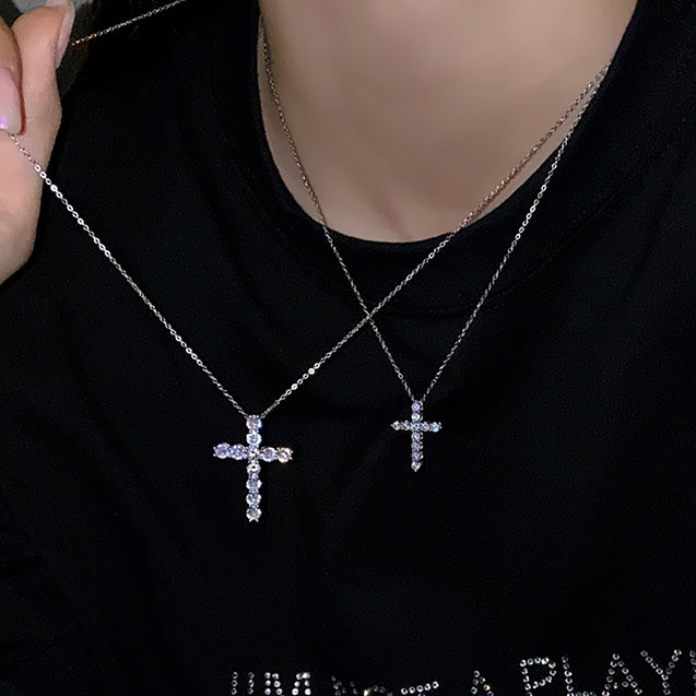 Women Fashion Zircon Titanium Steel Cross Necklace Set Stylish Jewelry