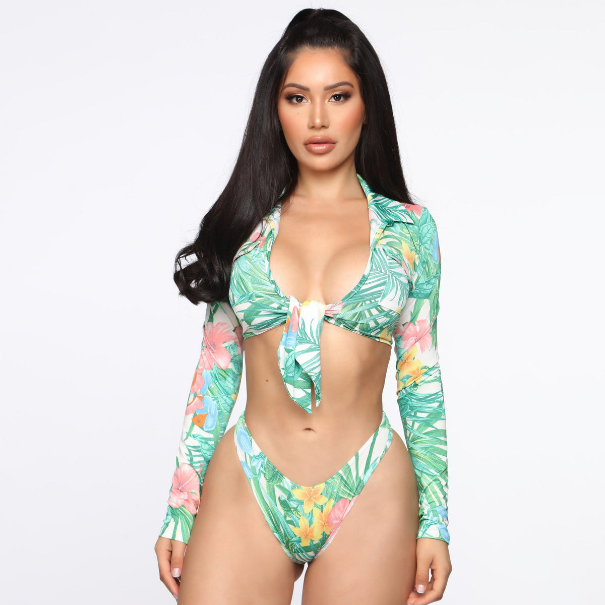 Bikini de manga larga con solapa y estampado sexy a la moda para mujer