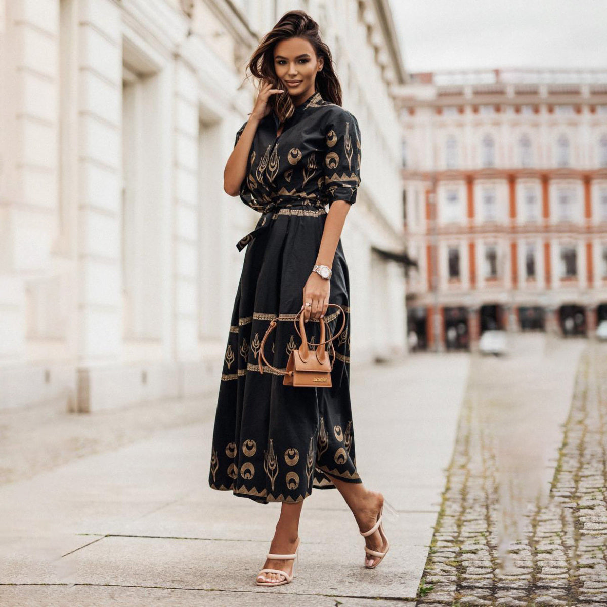 Robe décontractée à lacets en lin imprimé pour femme
