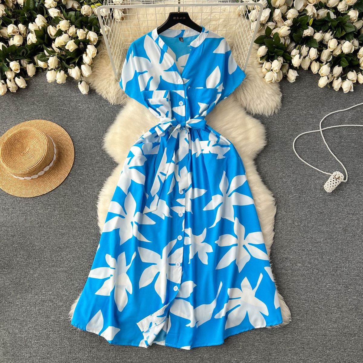 Women Fashion Casual Vacation Printed V-Neck Dress