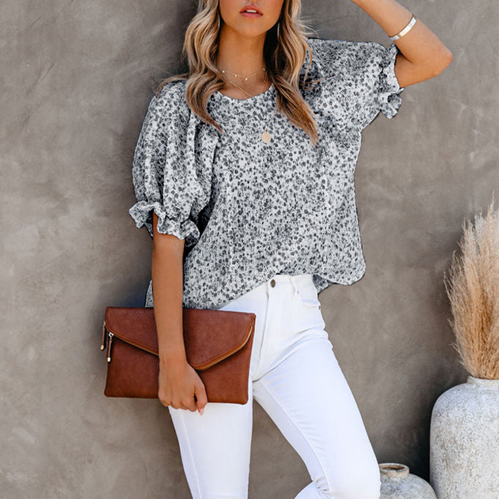 Blusa de cuello redondo con estampado floral de gasa para mujer