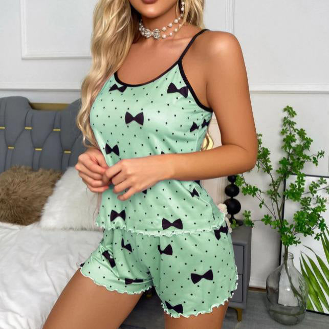 Women Fashion Sexy Love Printed Camisole Pajamas Set