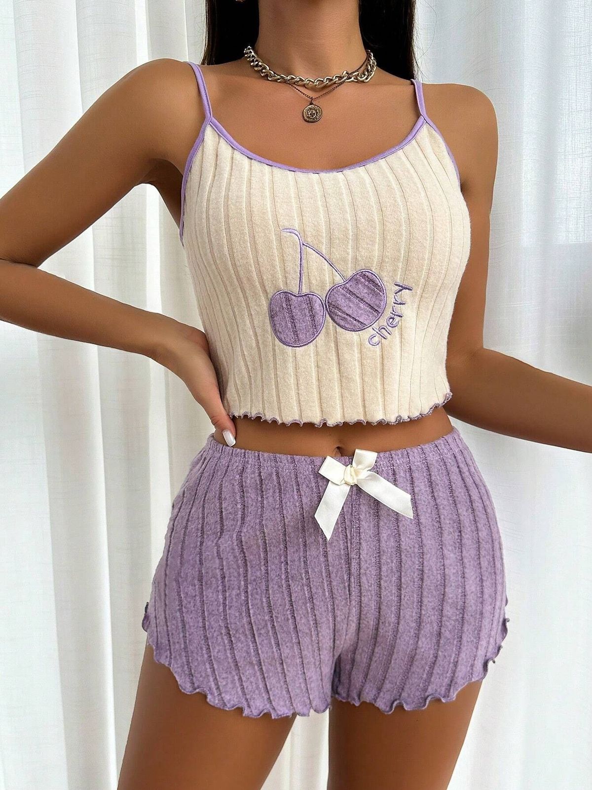 Women Fashion Sexy Embroidered Stripe Camisole and Shorts Pajama Set