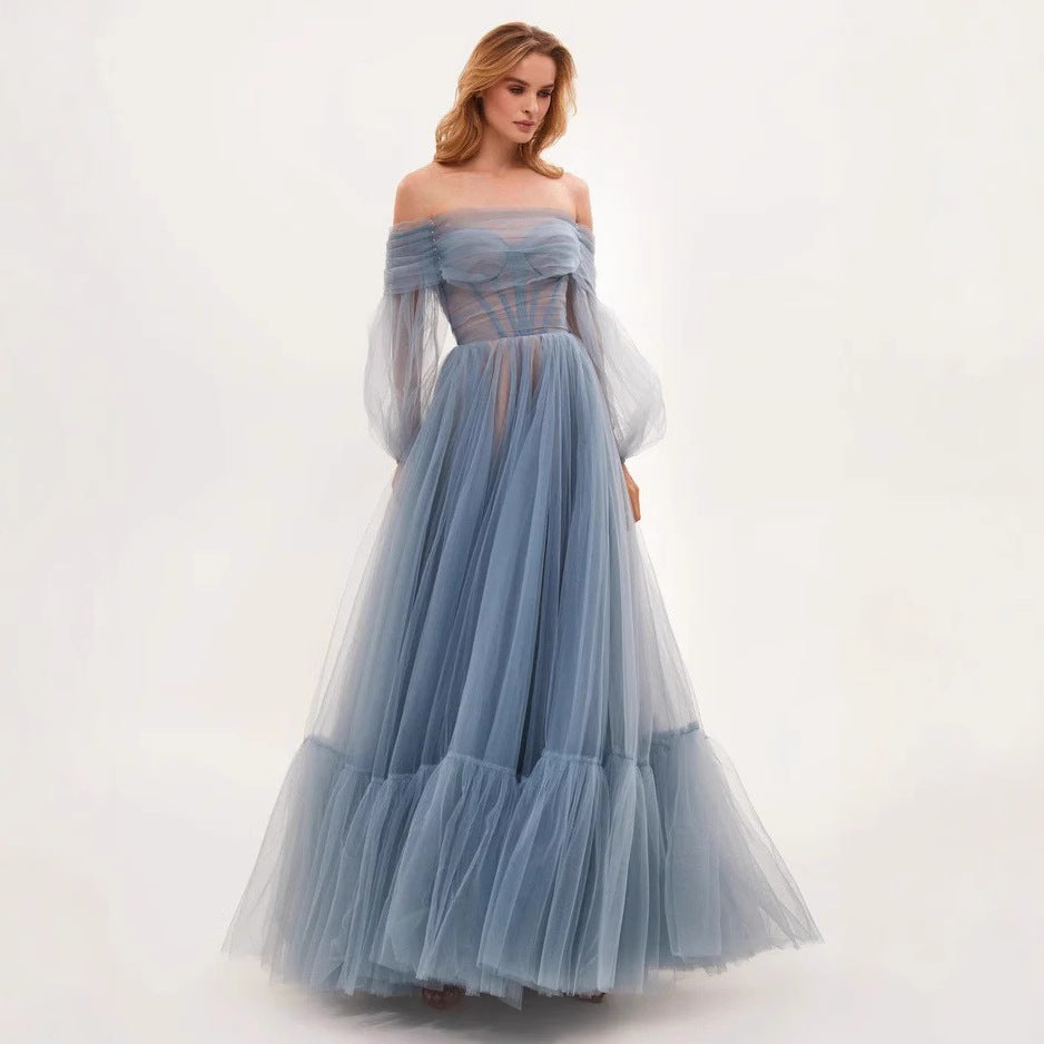 Vestido de fiesta elegante de malla con hombros descubiertos y manga larga para mujer en color liso