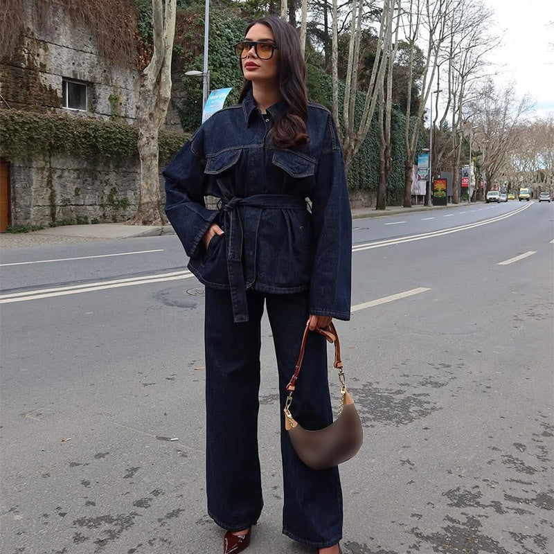 Conjunto de dos piezas de abrigo vaquero informal para mujer, pantalones con cordones y manga larga