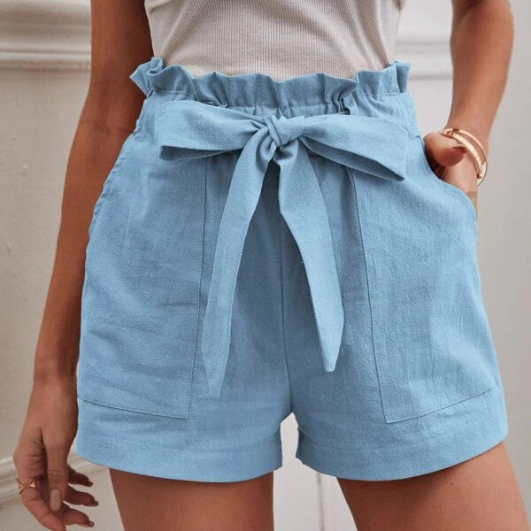 Women Casual Linen Solid Color Loose Pocket Shorts