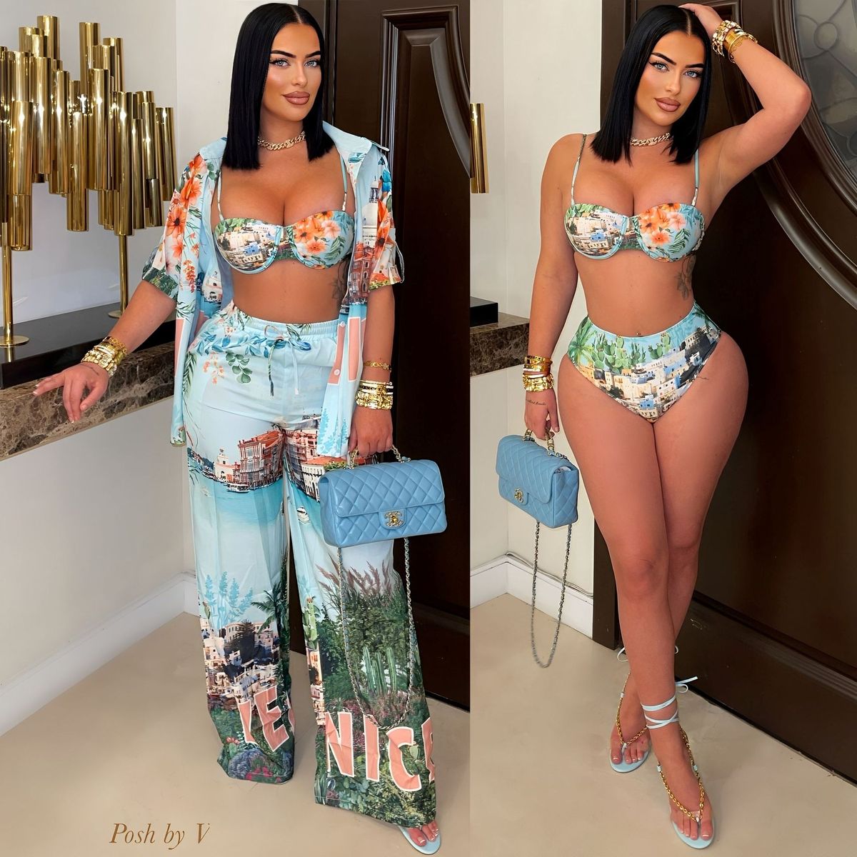 Conjunto de camiseta y pantalones cortos holgados de manga corta con solapa y estampado de vacaciones sexy para mujer