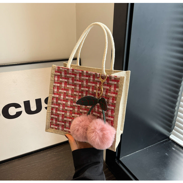 Women Fashion Casual Color Block Cherry Pendant Tote Bag
