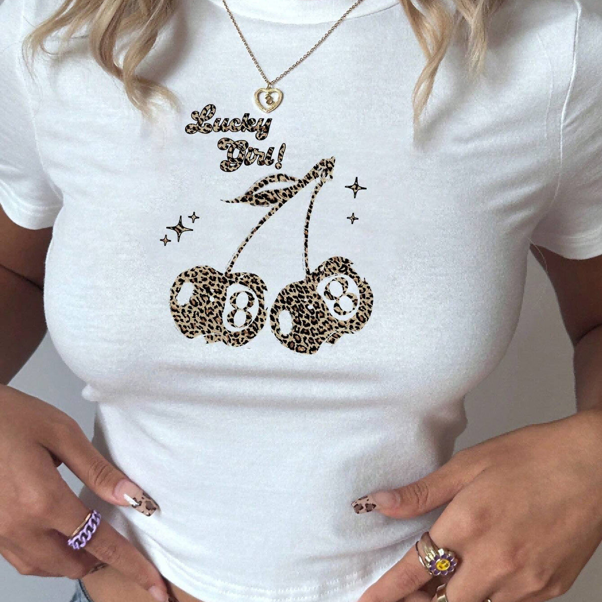Women Fashion Sexy Cherry Print Short-Sleeve Slim-Fit T-Shirt