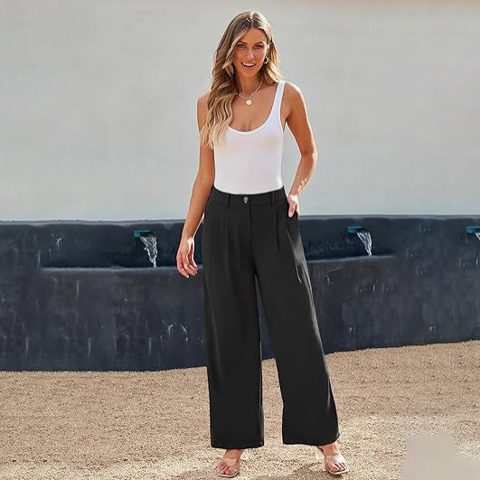 Pantalones casuales de pierna ancha para mujer, estilo poliéster de cintura alta