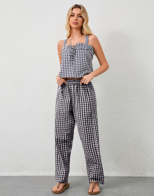 Women Casual Plaid Wide Leg Pocket Pants