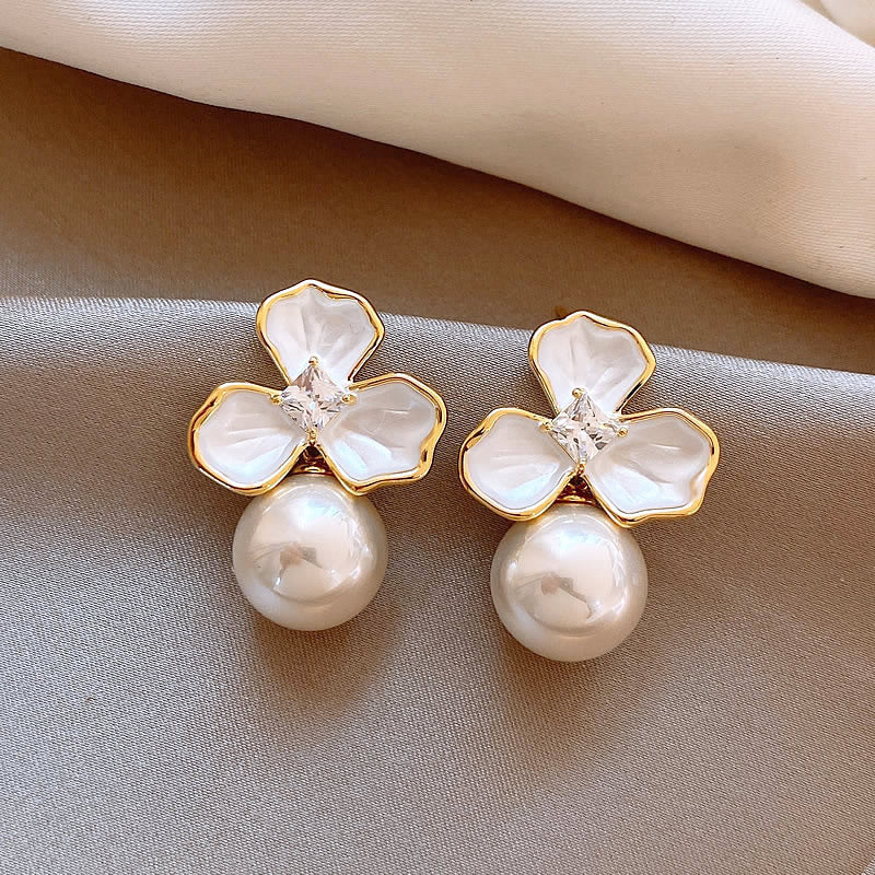Boucles d'oreilles élégantes en strass et perles florales pour femmes, bijoux d'imitation