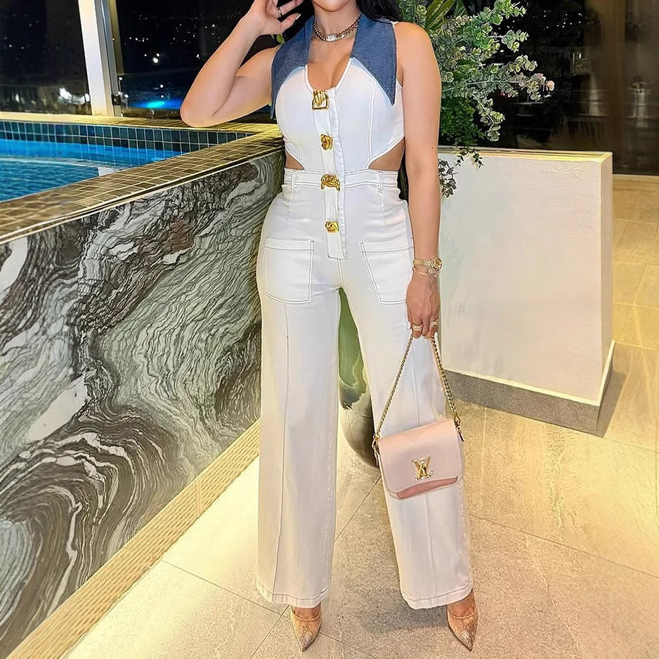 Women Fashion Sexy Lapel Sleeveless Jumpsuit