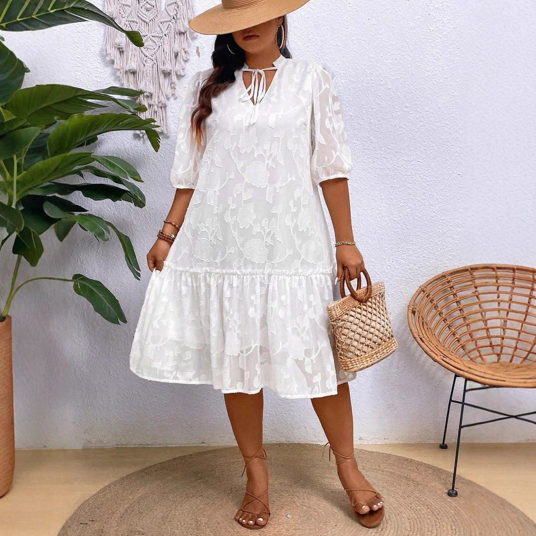 Elegant Plus Size Jacquard V-Neck Dress