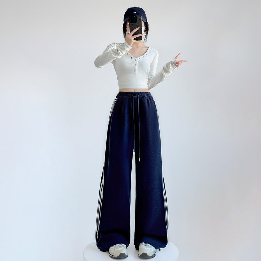 Pantalon large décontracté en coton à rayures pour femme