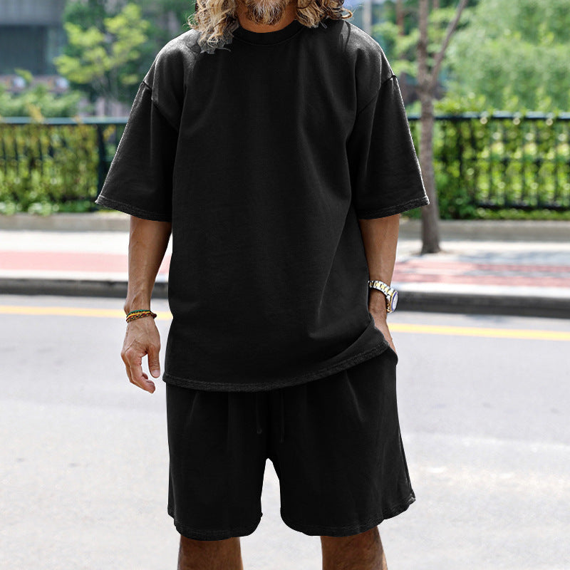 Men's Casual Solid Color Cotton Blend T-Shirt and Shorts Set