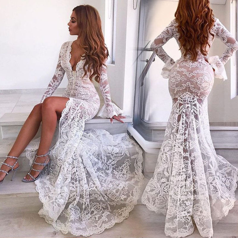 Vestido largo con escote en V profundo y encaje sexy a la moda para mujer
