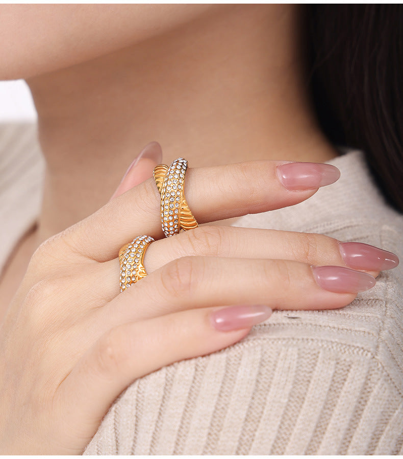 Women Fashion Titanium Steel Plated Rhinestone Ring Stylish Jewelry