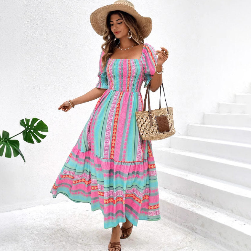 Robe décontractée imprimée à manches courtes et col carré pour femme