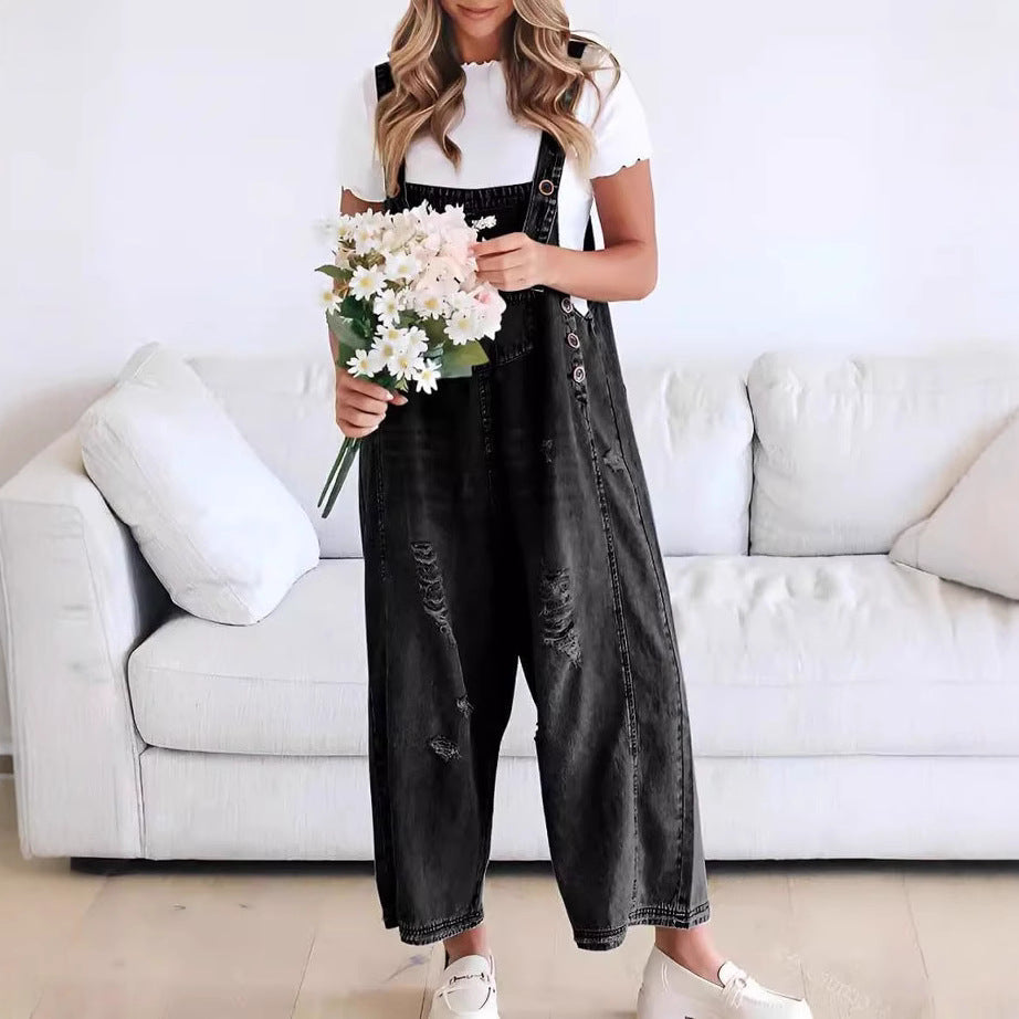 Women Retro Casual Ripped Wide Leg Denim Jumpsuits