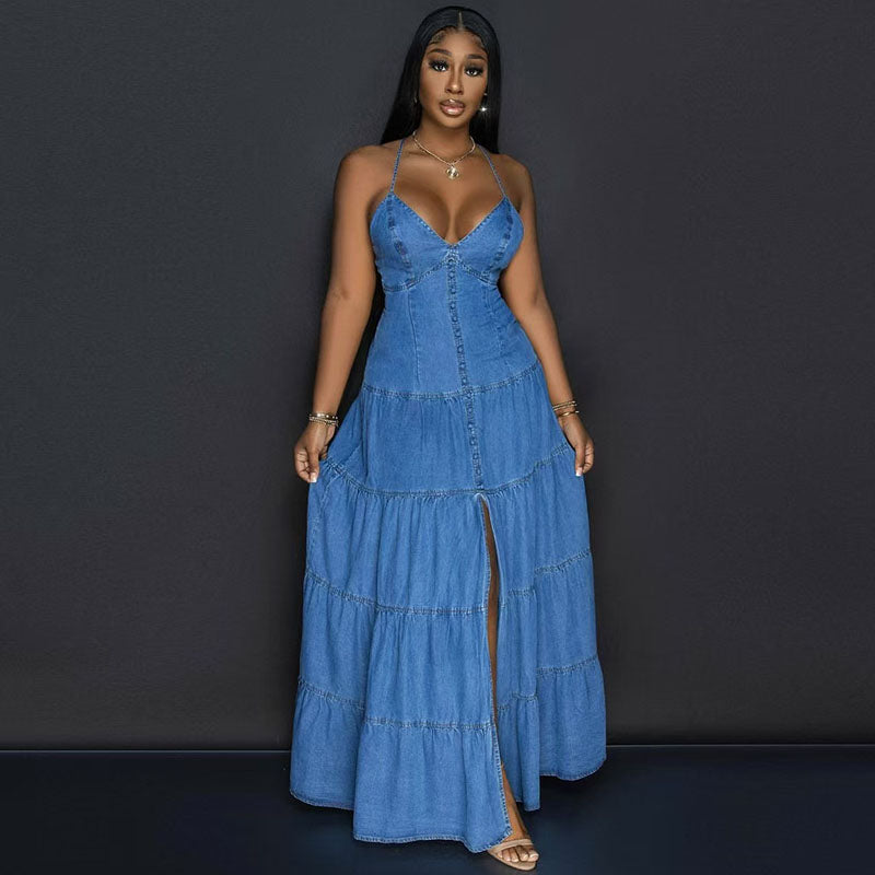 Vestido vaquero sexy de verano con escote en V y tirantes finos para mujer