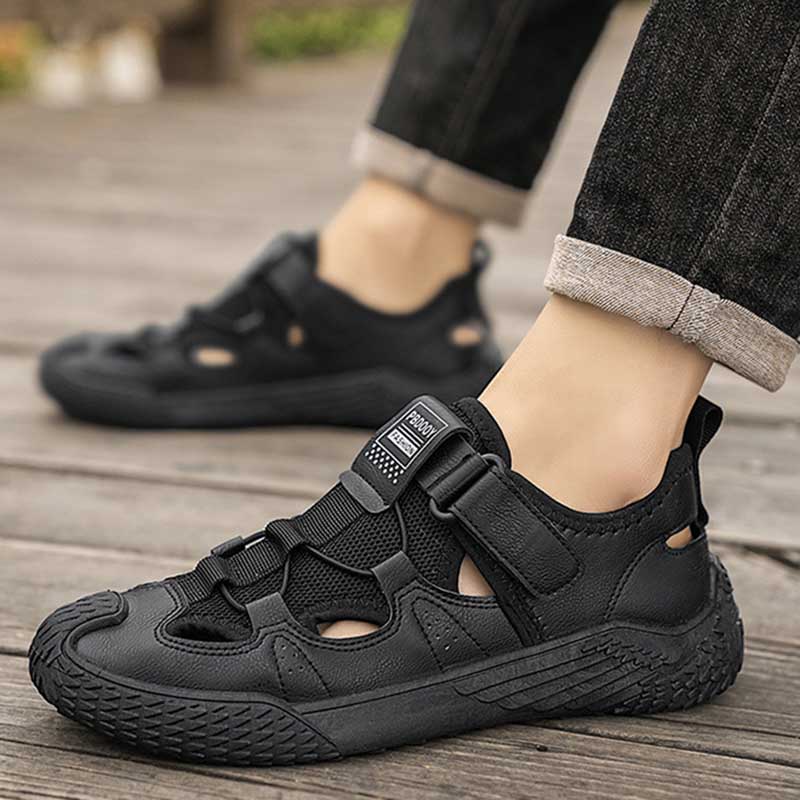 Sandales plates à enfiler pour homme, style plage, avec doublure en maille et scratch