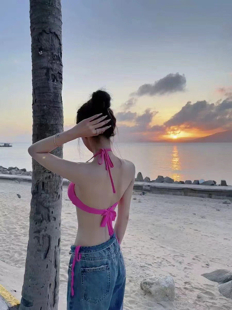 Bikini sexy de cuello halter de color sólido a la moda para mujer