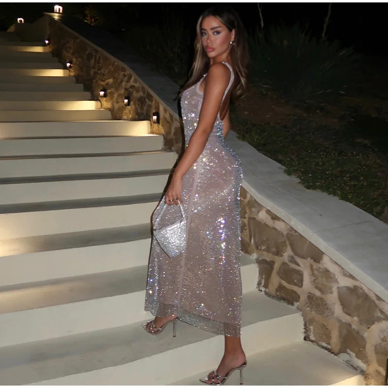 Women Fashion Sexy Solid Color Sequin Party Dress