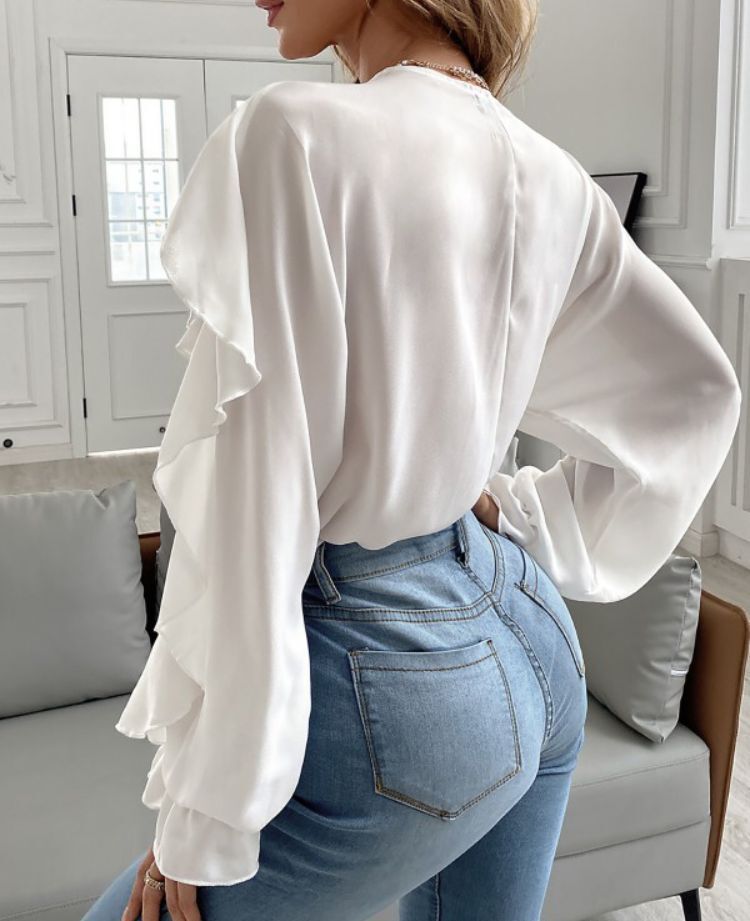 Women Fashion Casual Solid V Neck Ruffled Blouse
